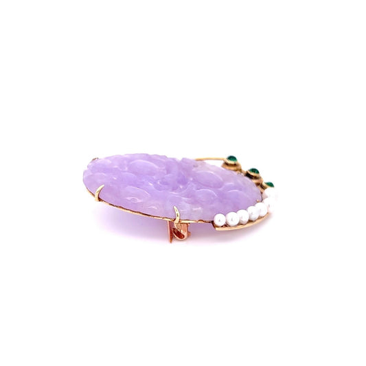 1960s 18KT Yellow Gold Lavender Jade & Emerald Brooch laid flat side view
