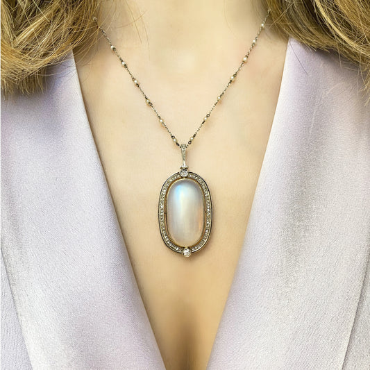 Victorian Silver & 18KT Yellow Gold Moonstone, Diamond & Natural Pearl Necklace worn on neck
