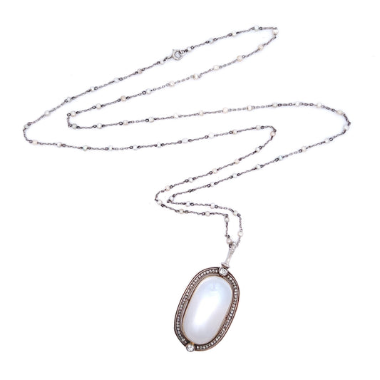 Victorian Silver & 18KT Yellow Gold Moonstone, Diamond & Natural Pearl Necklace front view