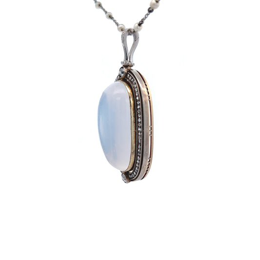 Victorian Silver & 18KT Yellow Gold Moonstone, Diamond & Natural Pearl Necklace side view