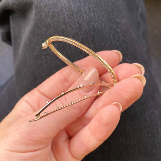 Edwardian Platinum-Topped 18KT Yellow Gold Diamond Barrette top view in hand