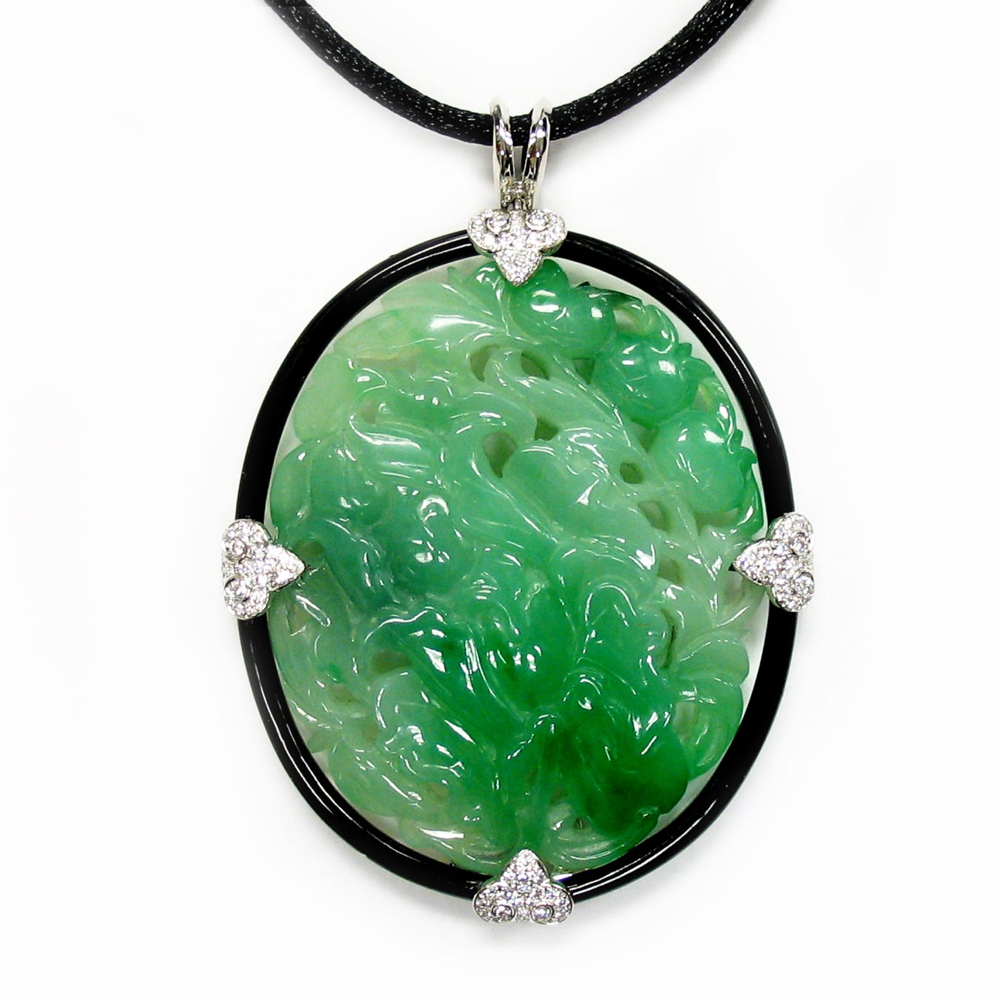 1970s 18KT White Gold Jade, Diamond & Onyx Pendant front view