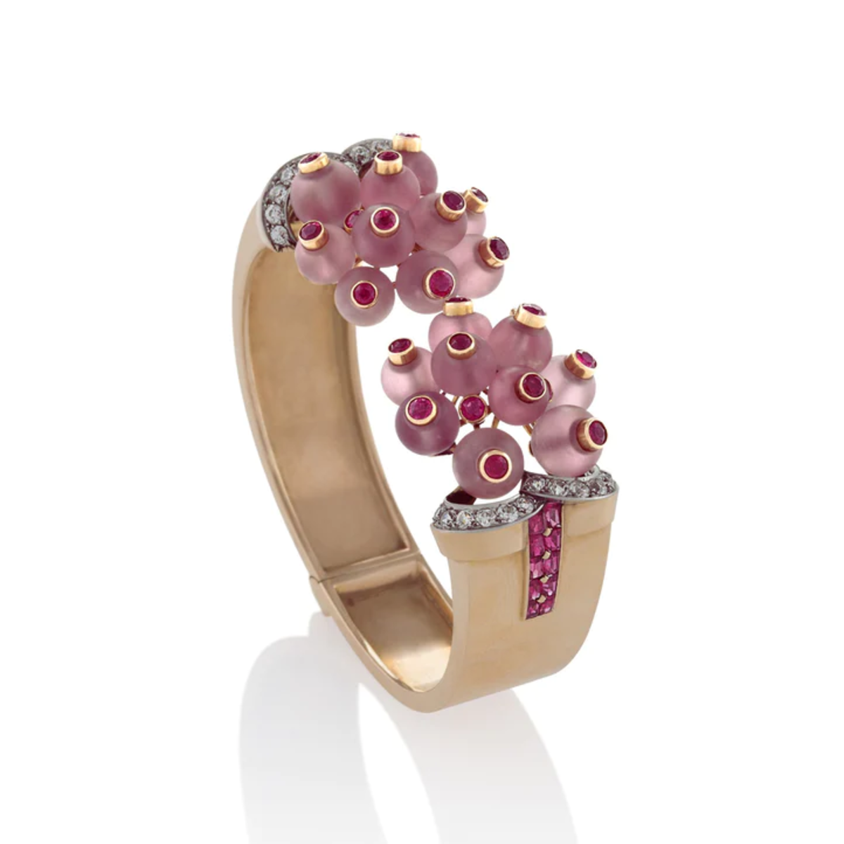 Verger Freres 1930s 18KT Rose Gold Ruby, Diamond & Rose Quartz Cuff Bracelet angled front view