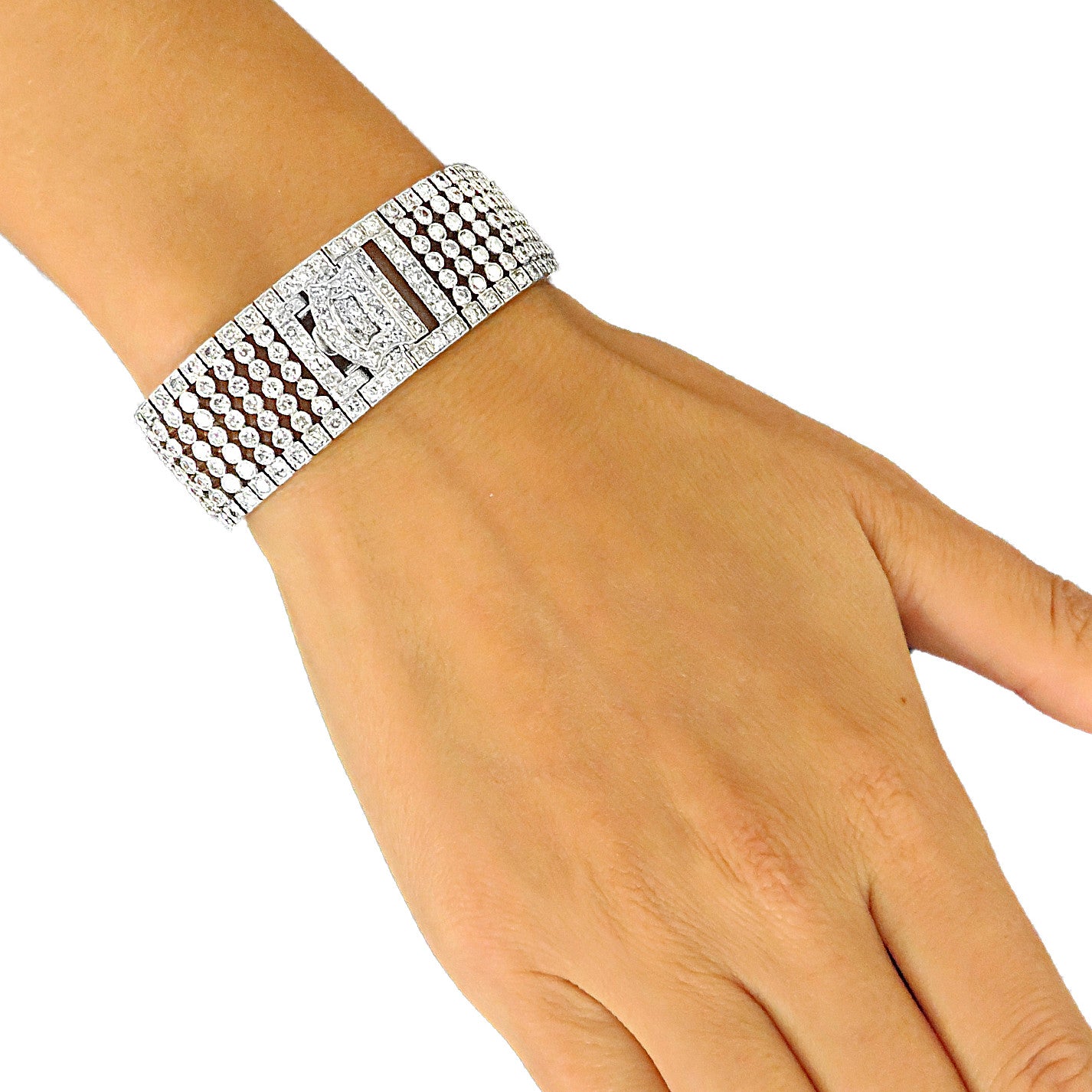 Art Deco Platinum Diamond Bracelet worn on wrist