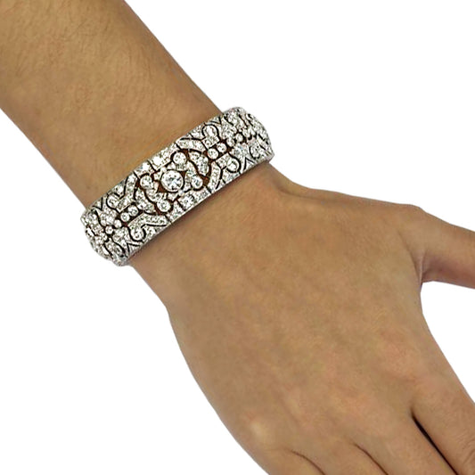 Art Deco Platinum Diamond Bracelet worn on wrist