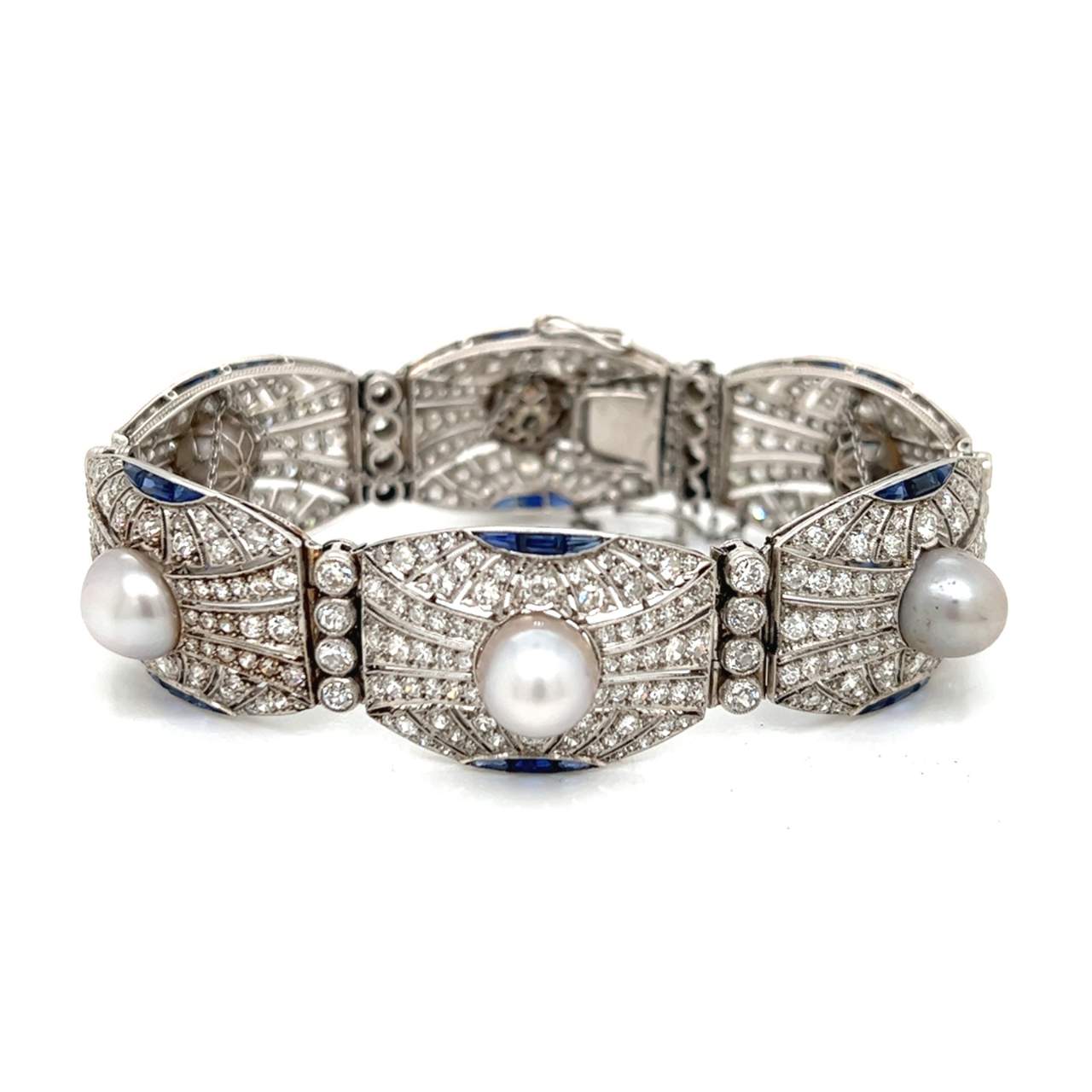 Art Deco Platinum Diamond, Natural Pearl & Sapphire Bracelet front angled view