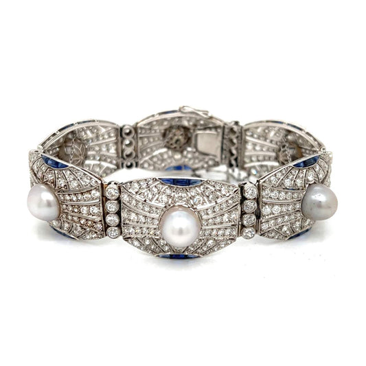 Art Deco Platinum Diamond, Natural Pearl & Sapphire Bracelet front angled view
