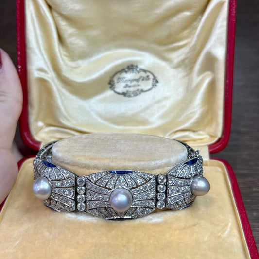 Art Deco Platinum Diamond, Natural Pearl & Sapphire Bracelet in jewelry box