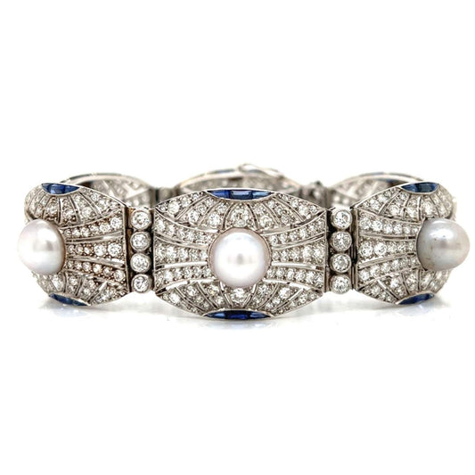Art Deco Platinum Diamond, Natural Pearl & Sapphire Bracelet front view