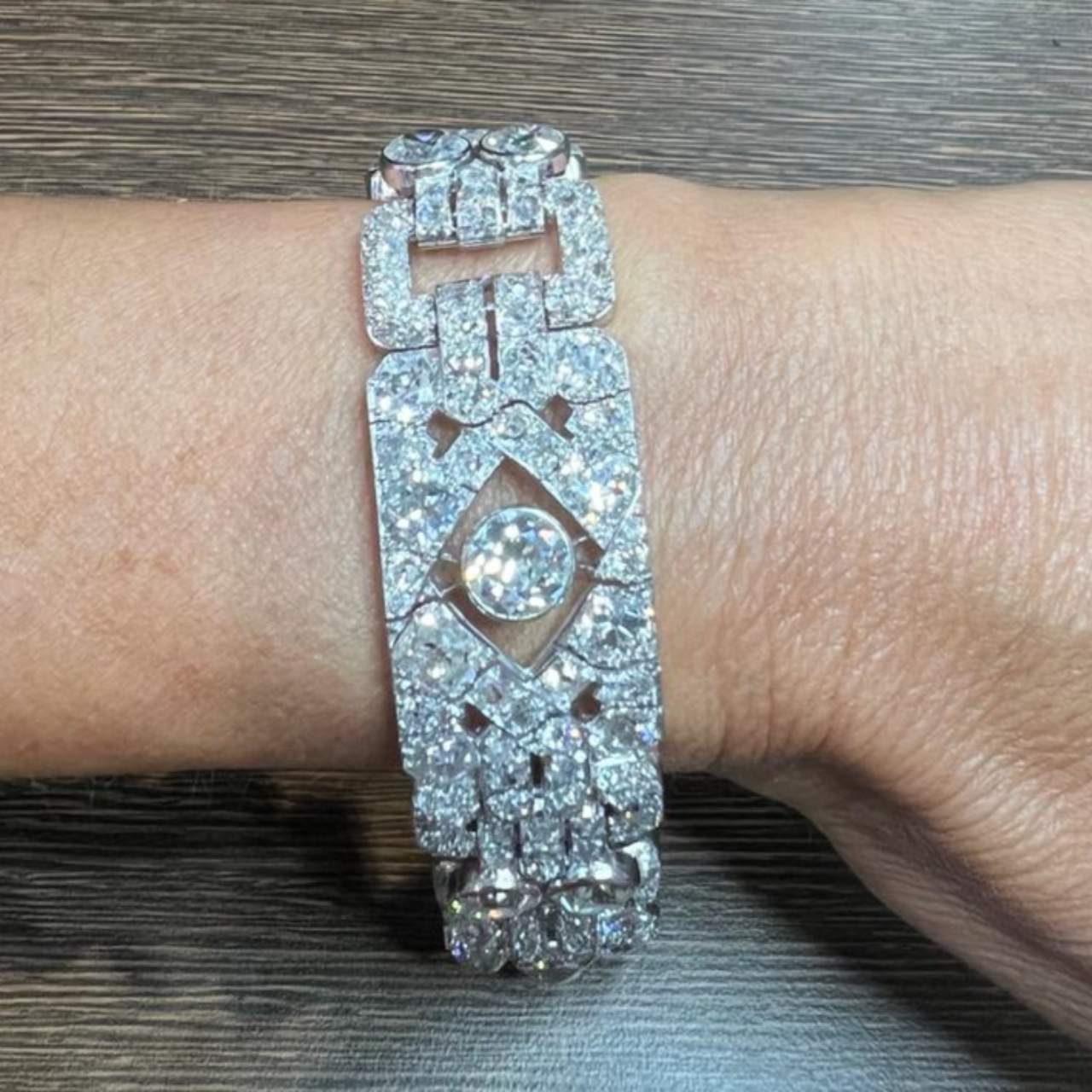 French Art Deco Platinum Diamond Bracelet worn on wrist