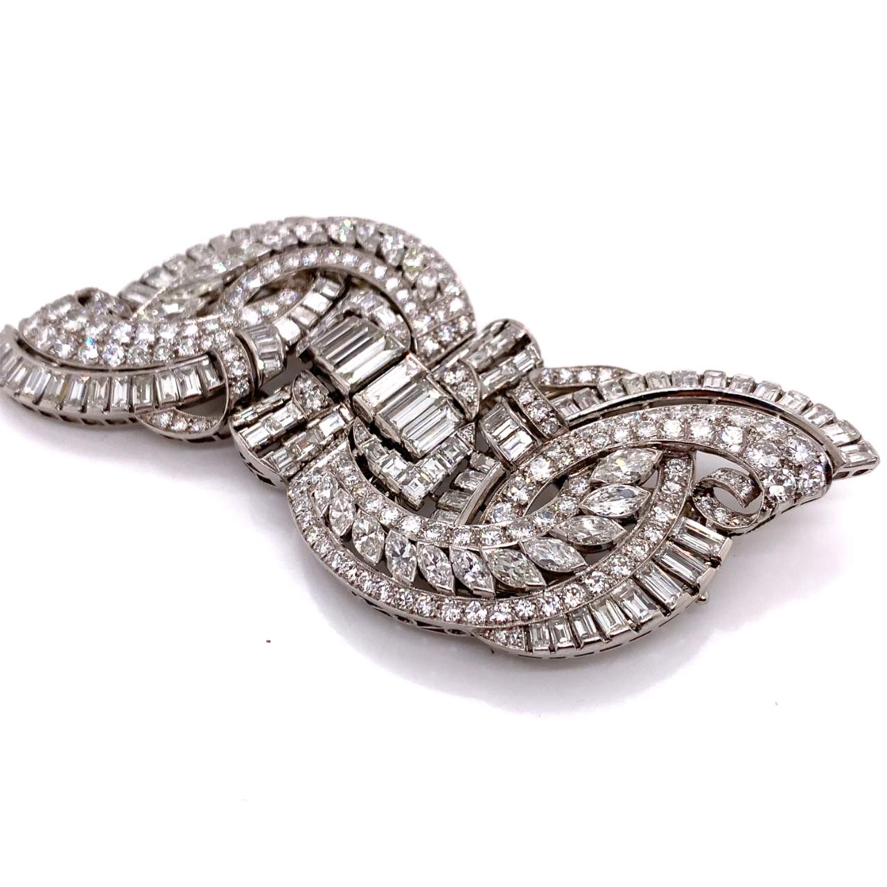 Art Deco Platinum Diamond Brooch/Clips front side angle view