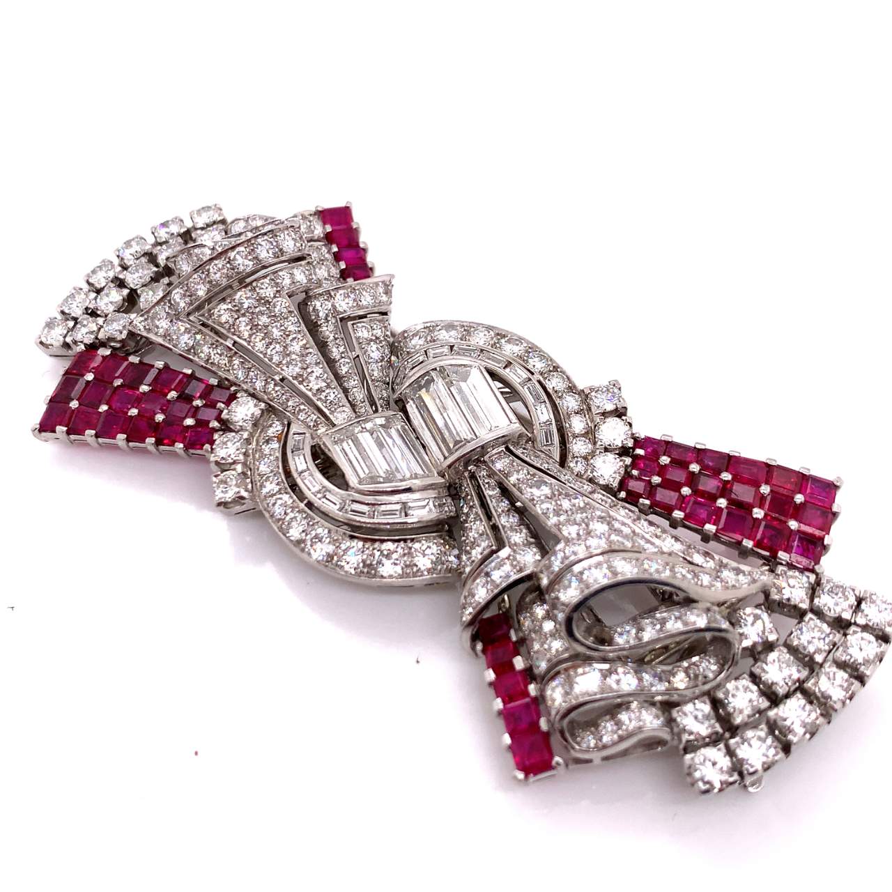 Art Deco Platinum Diamond & Ruby Brooch front side view