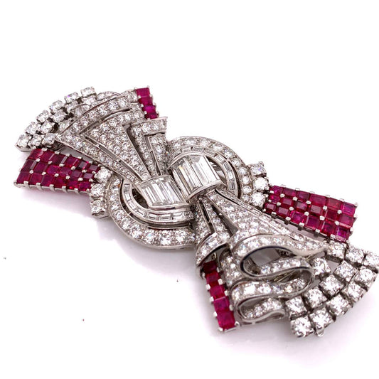 Art Deco Platinum Diamond & Ruby Brooch front side view