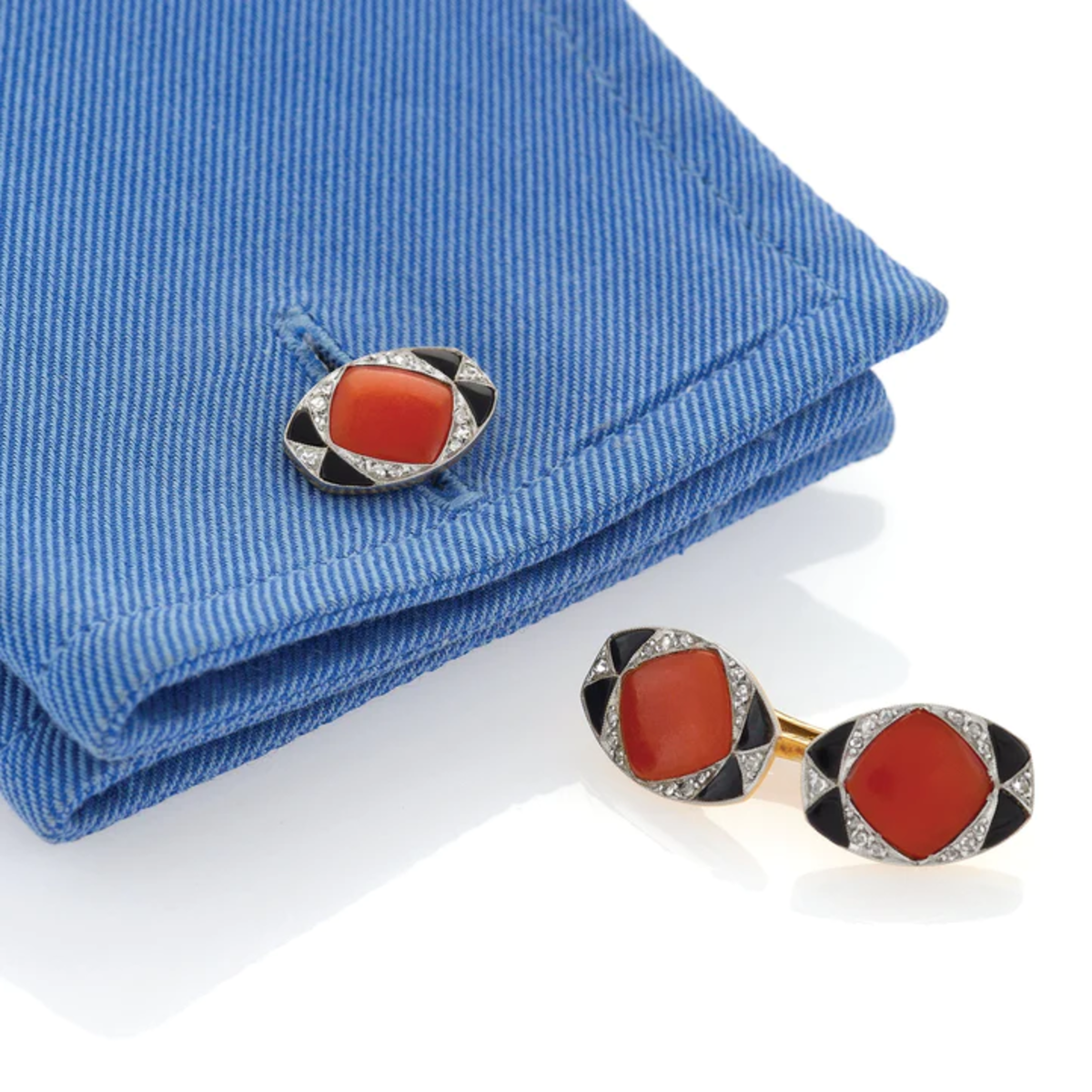 Art Deco French Platinum & Yellow Gold Diamond, Coral & Onyx Cufflinks worn on cuff