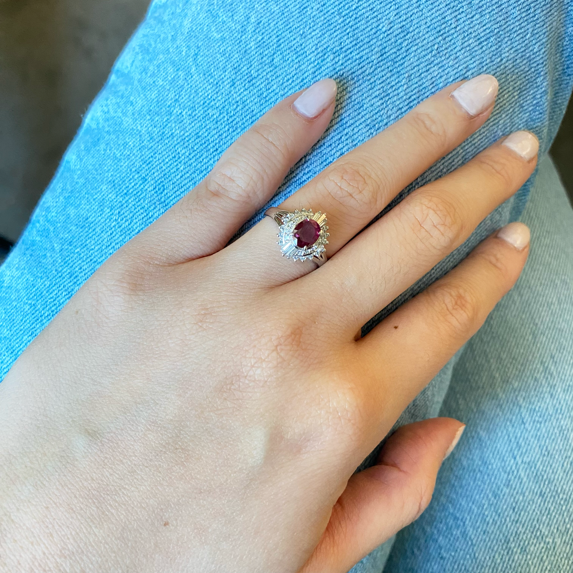 1980s Platinum Ruby & Diamond Ring worn on hand