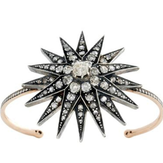 Victorian Silver & 18KT Rose & Yellow Gold Diamond Starburst Bangle Bracelet front view
