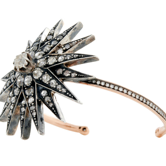 Victorian Silver & 18KT Rose & Yellow Gold Diamond Starburst Bangle Bracelet side view