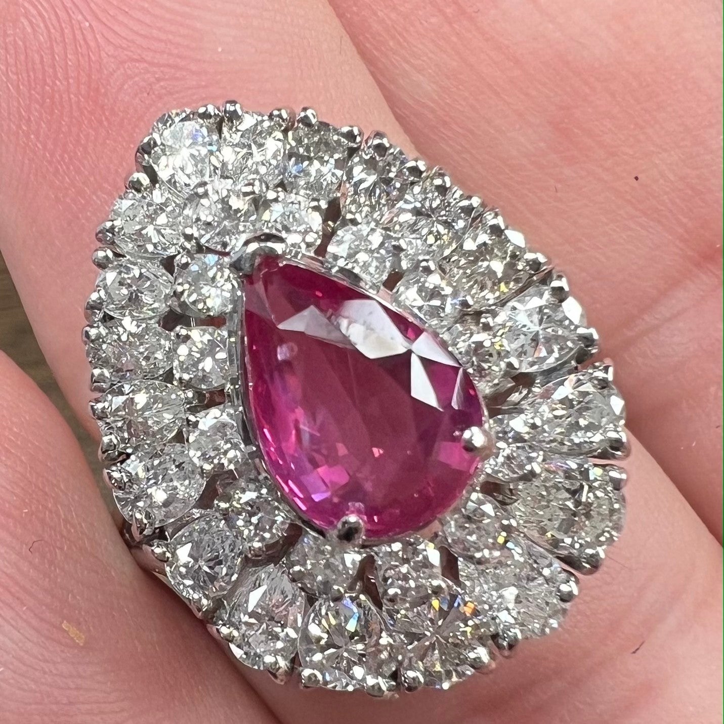 Post-1980s Platinum Pink Sapphire & Diamond Ring worn on finger