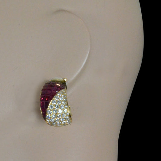 Van Cleef & Arpels 1980s 18KT Yellow Gold Ruby & Diamond Earrings on ear form