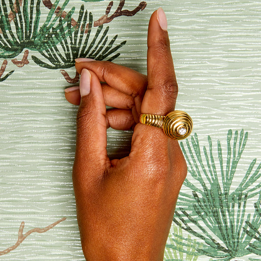 Norman Teufel 1970s 18KT Yellow Gold Diamond Spinner Ring worn on hand