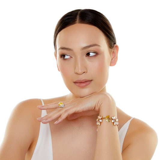 1980s Platinum Yellow Sapphire & Diamond Ring worn on hand