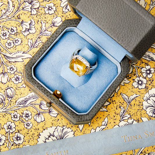 1980s Platinum Yellow Sapphire & Diamond Ring in ring box