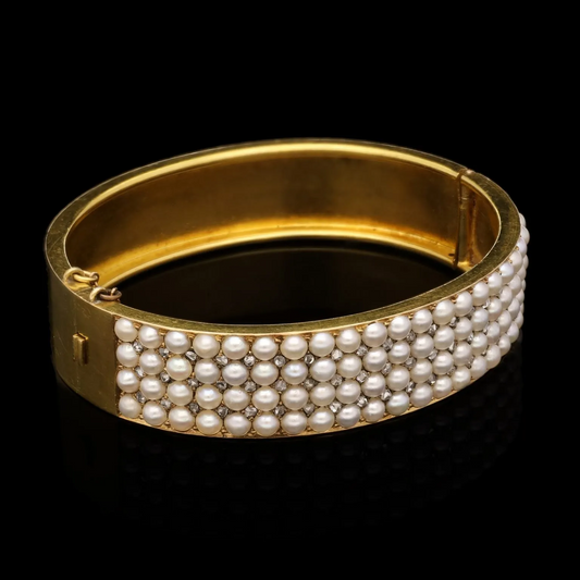 English Victorian 15KT Yellow Gold Pearl & Diamond Bangle Bracelet front side view