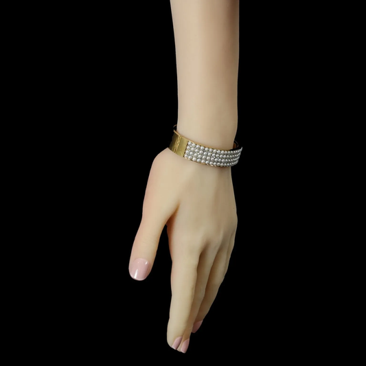 English Victorian 15KT Yellow Gold Pearl & Diamond Bangle Bracelet worn on wrist
