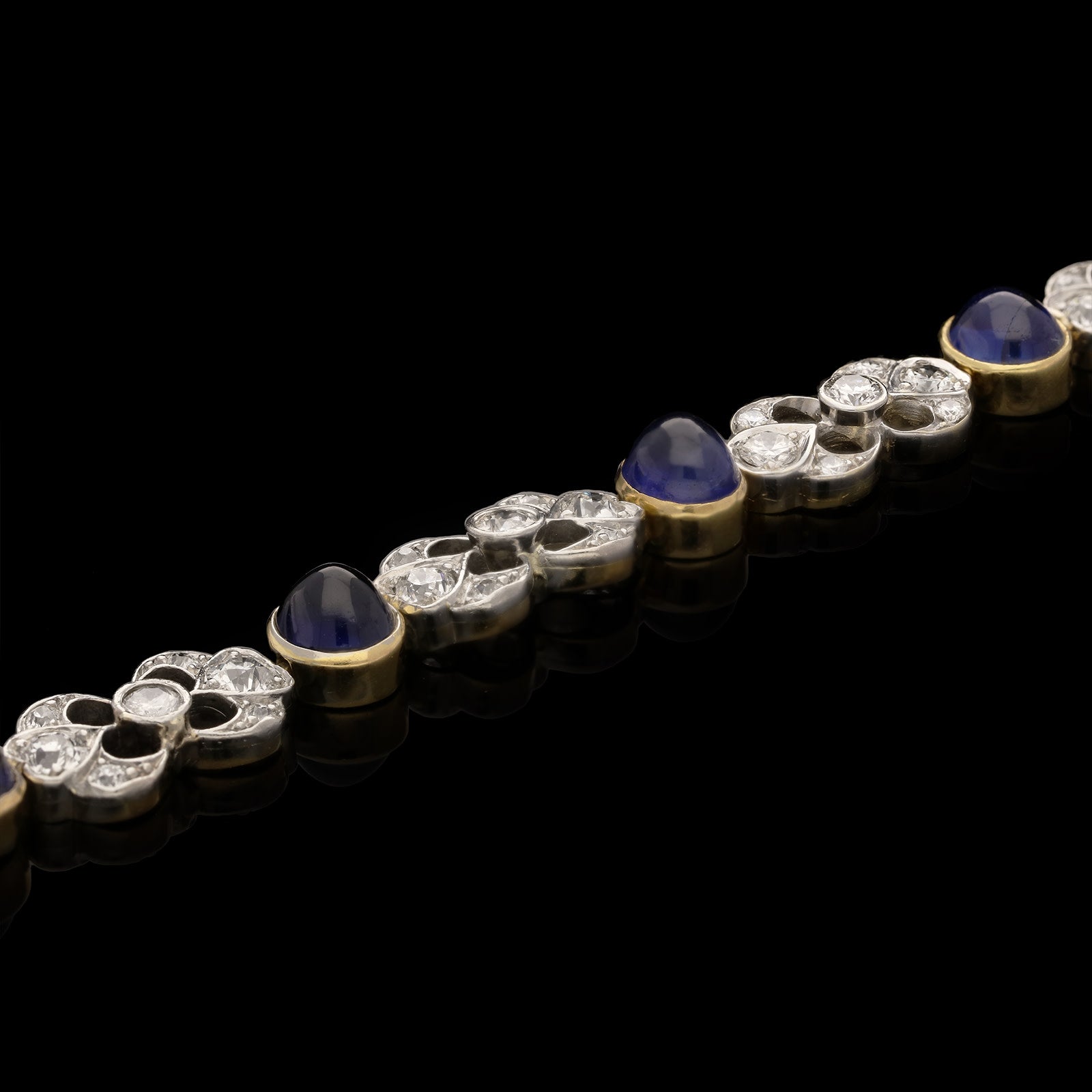 JE Caldwell American Art Deco Platinum & Yellow Gold Sapphire & Diamond Bracelet laid flat front view