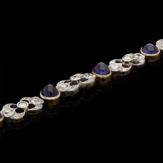 JE Caldwell American Art Deco Platinum & Yellow Gold Sapphire & Diamond Bracelet laid flat front view