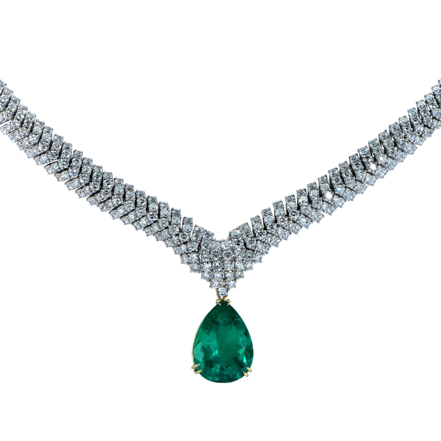 1990s 18KT White Gold Colombian Emerald & Diamond Necklace front view