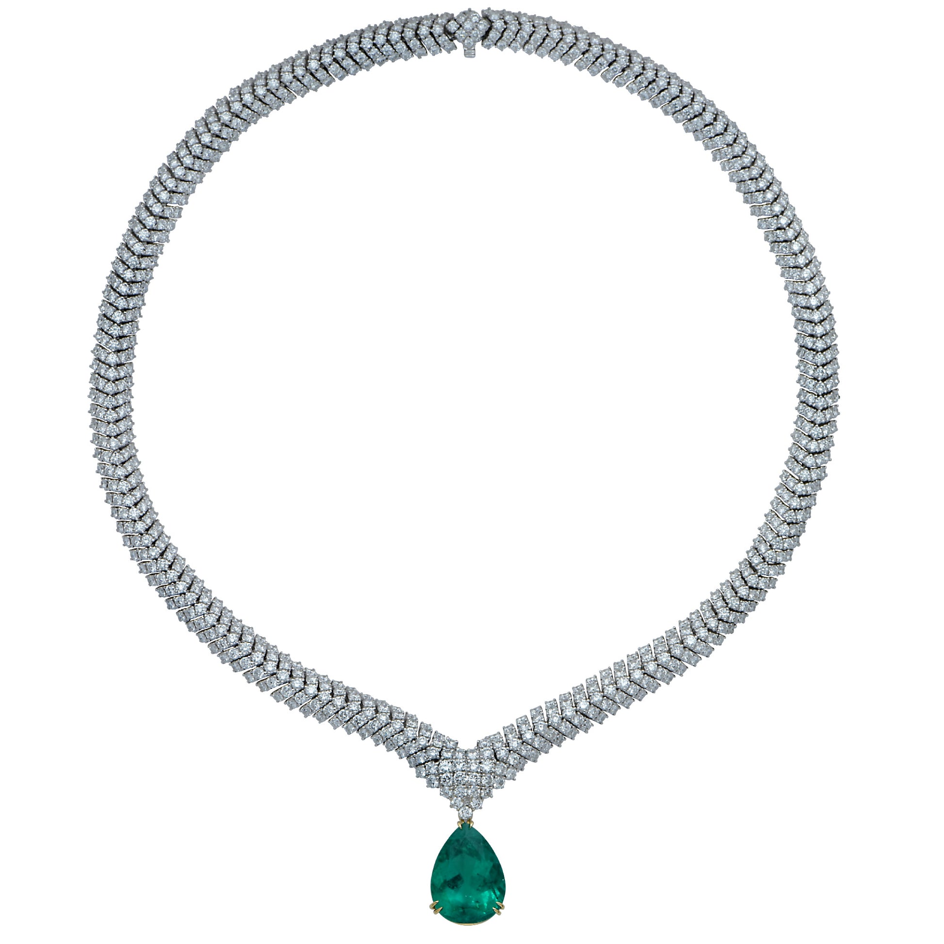 1990s 18KT White Gold Colombian Emerald & Diamond Necklace front view