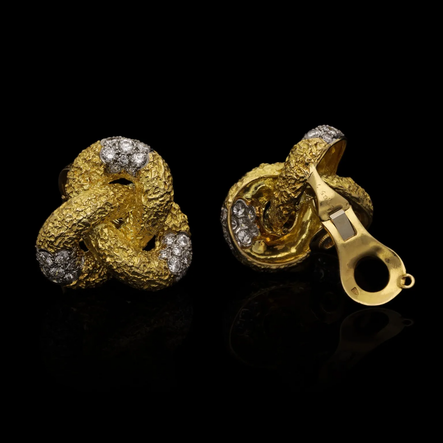 Cartier French 1970s 18KT Yellow Gold Diamond Knot Earrings front and back view