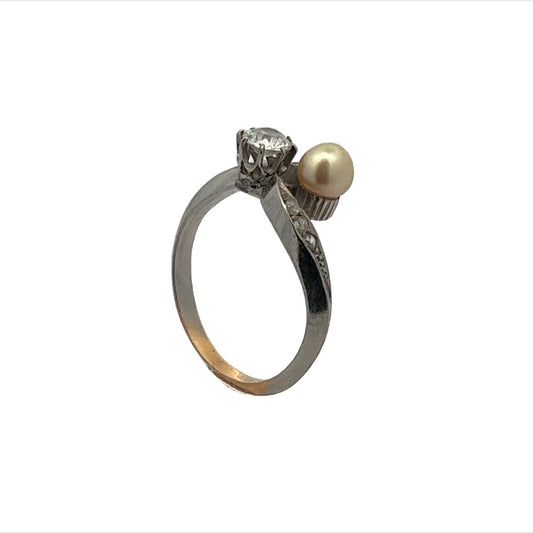 Edwardian Platinum & 18KT Yellow Gold Diamond & Pearl Ring side profile