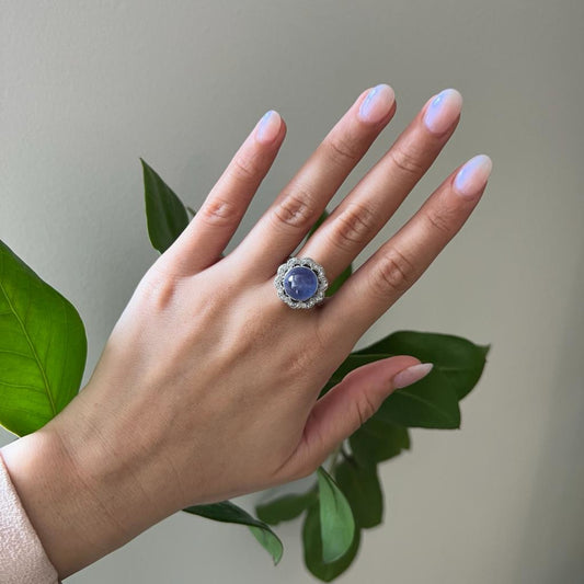 Art Deco Platinum Star Sapphire & Diamond Ring worn on hand
