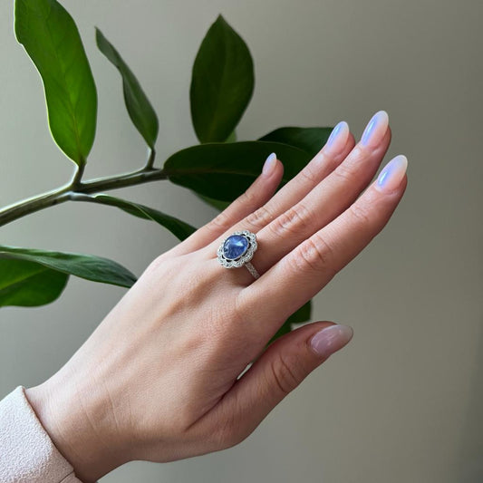 Art Deco Platinum Star Sapphire & Diamond Ring worn on hand