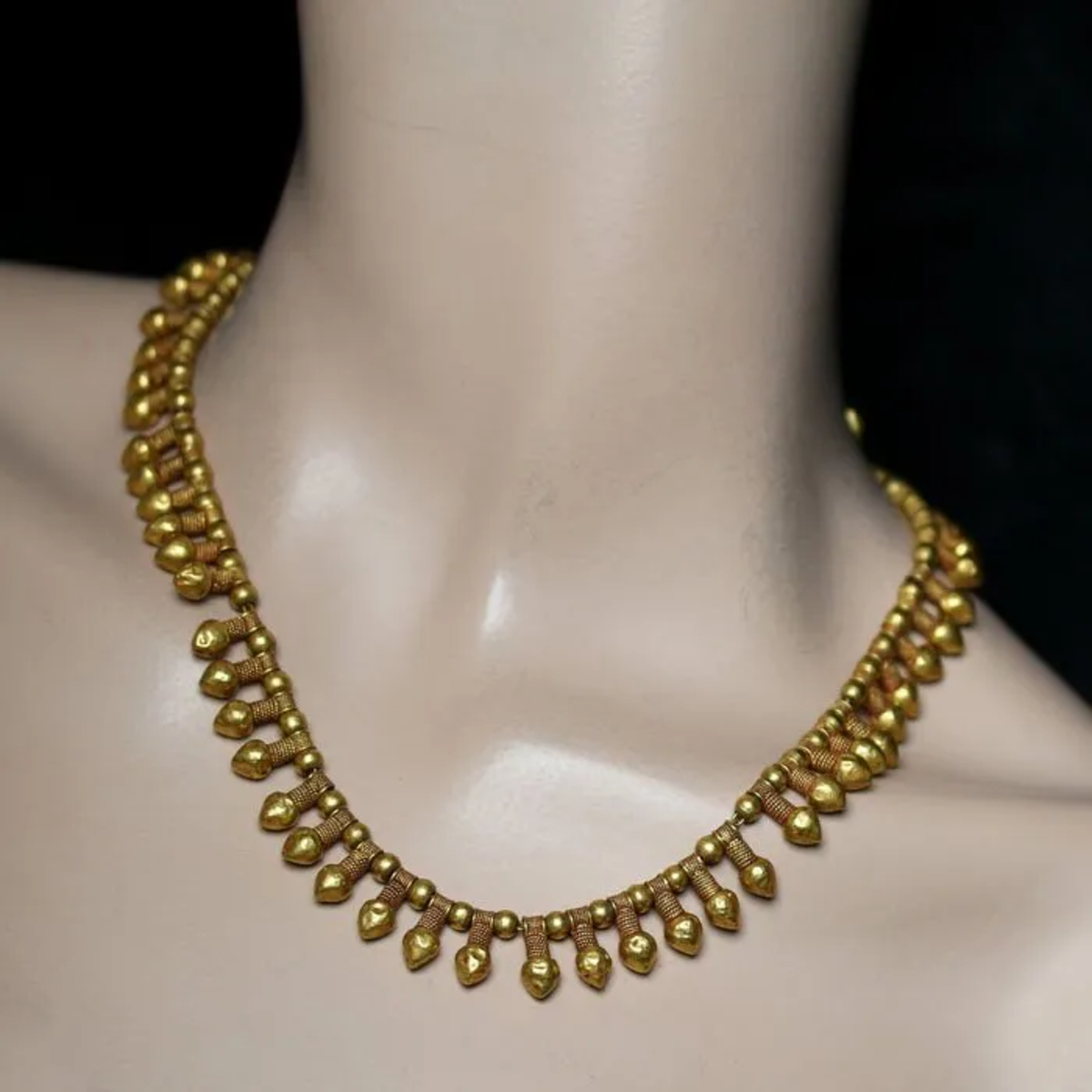 Wièse French Victorian 18KT Yellow Gold Fringe Necklace worn on neck