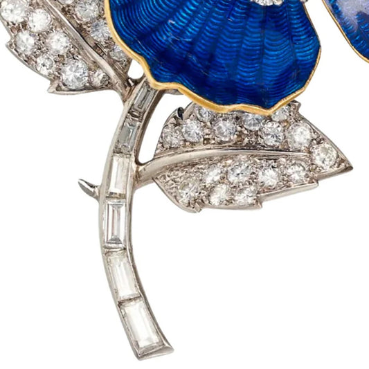 Boucheron 1970s Platinum & 18KT Yellow Gold Diamond & Enamel Flower Brooch close-up details