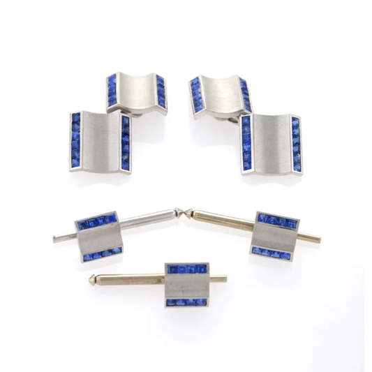 1940s Platinum Sapphire Cufflinks & Dress Set front view