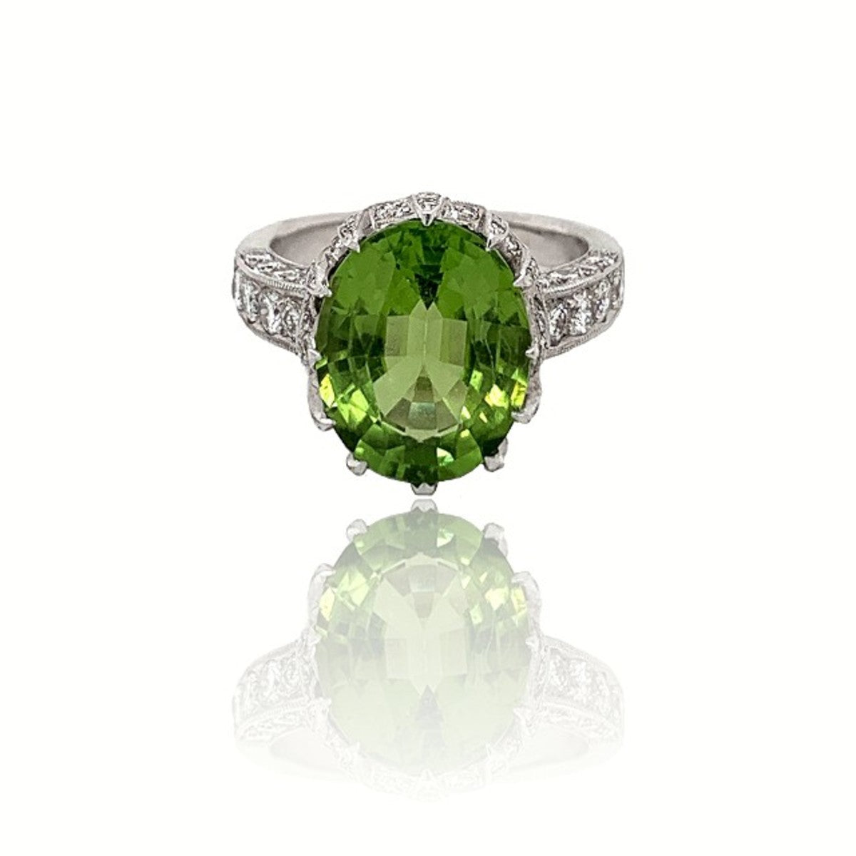 1950s 18KT White Gold Peridot & Diamond Ring front view