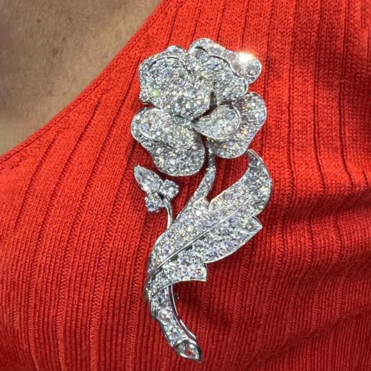 Post-1980s Platinum Diamond Rose Brooch worn on blouse