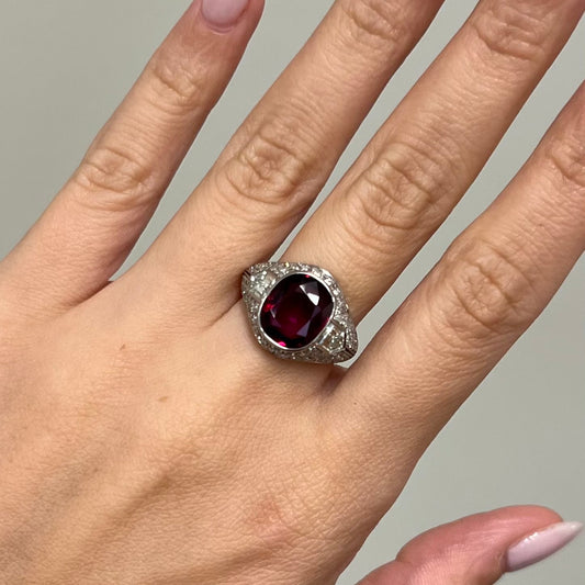 Art Deco Platinum Ruby & Diamond Ring worn on hand