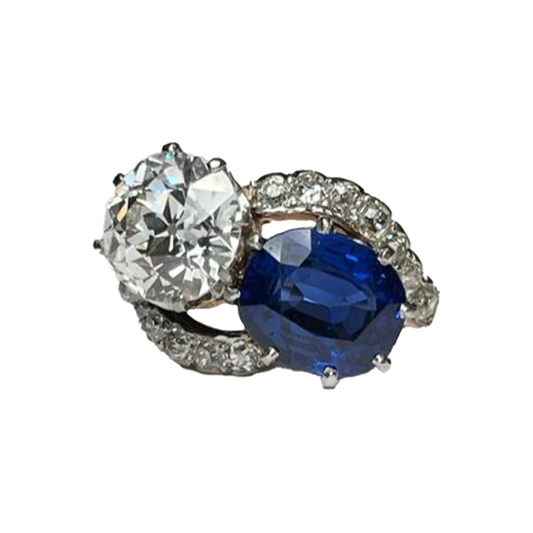Edwardian Platinum Burma Sapphire & Diamond Bypass Ring front view