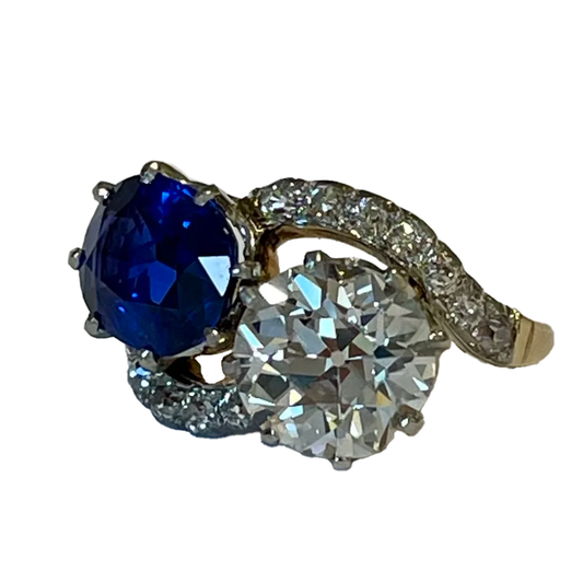 Edwardian Platinum Burma Sapphire & Diamond Bypass Ring front view