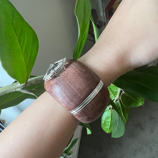 French Art Deco Diamond Platinum Clips on Modern Wood Cuff Bracelet side view worn on wrist