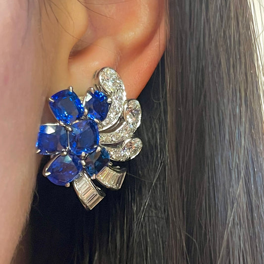 Post-1980s Platinum Sapphire & Diamond Earrings worn on ear