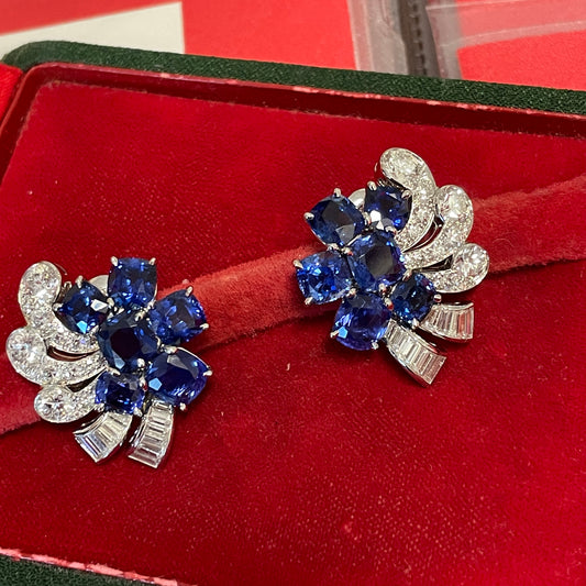 Post-1980s Platinum Sapphire & Diamond Earrings in jewelry box