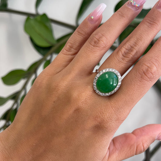 Art Deco Platinum Jade & Diamond Ring worn on hand
