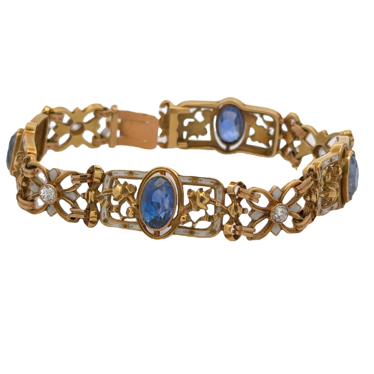 Lucien Gautrait Art Nouveau 18KT Yellow Gold Sapphire, Diamond & Enamel Bracelet front