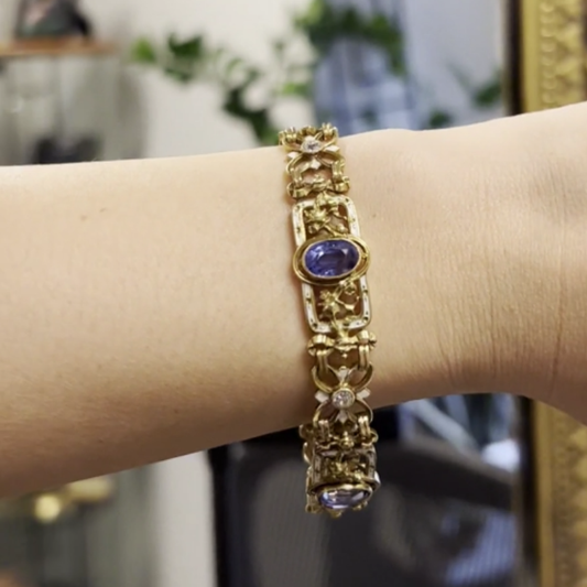 Lucien Gautrait Art Nouveau 18KT Yellow Gold Sapphire, Diamond & Enamel Bracelet worn on wrist